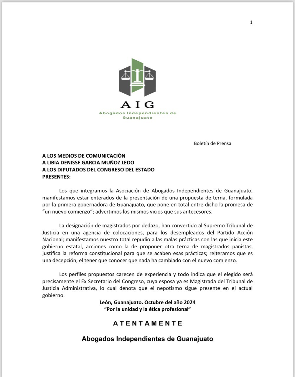 Comunicado enviado por el grupo de abogados