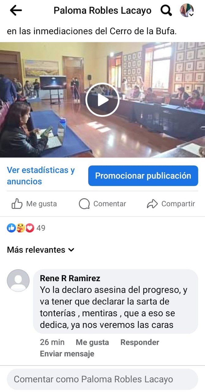 Captura de pantalla del mensaje amenazante en el perfil de la regidora