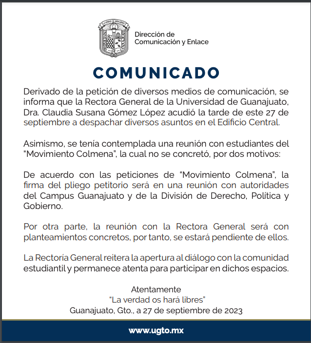 Comunicado enviado por la UG