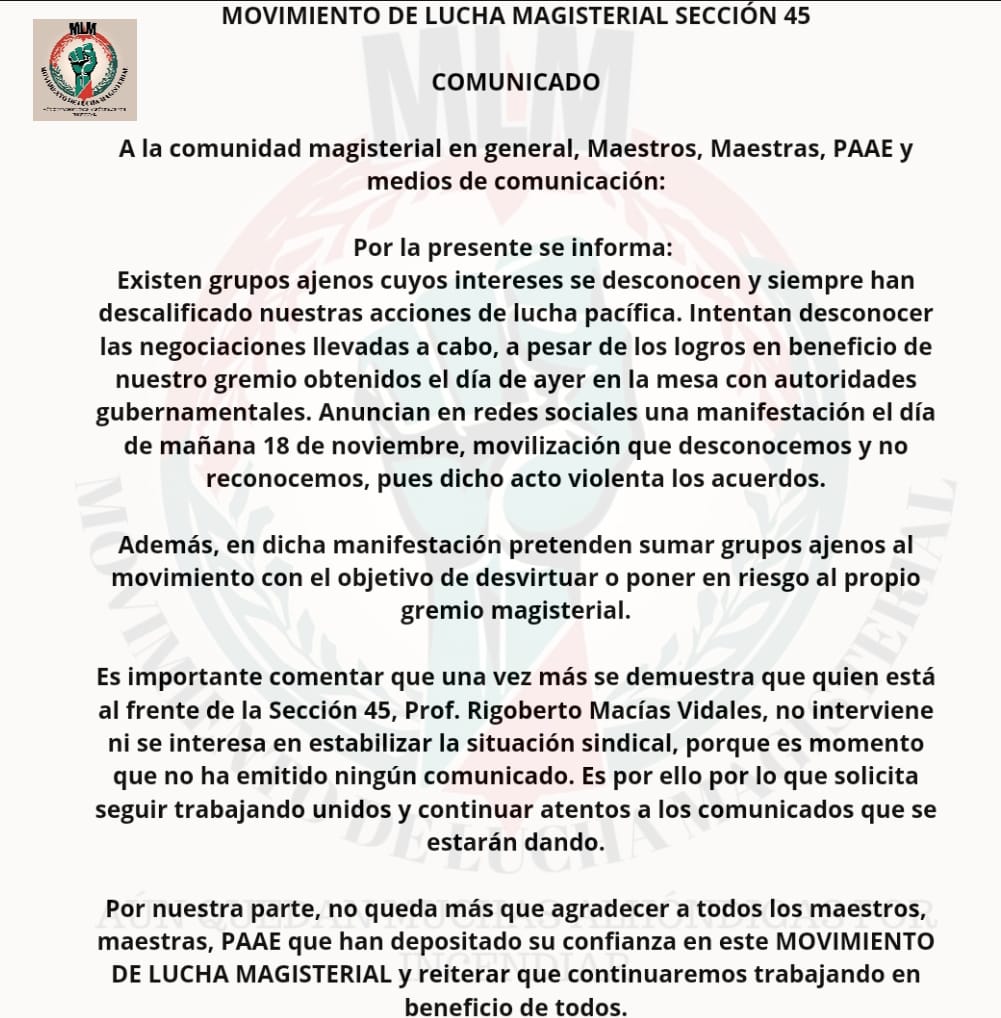 Comunicado enviado por el Movimiento de Lucha Magisterial sección 45