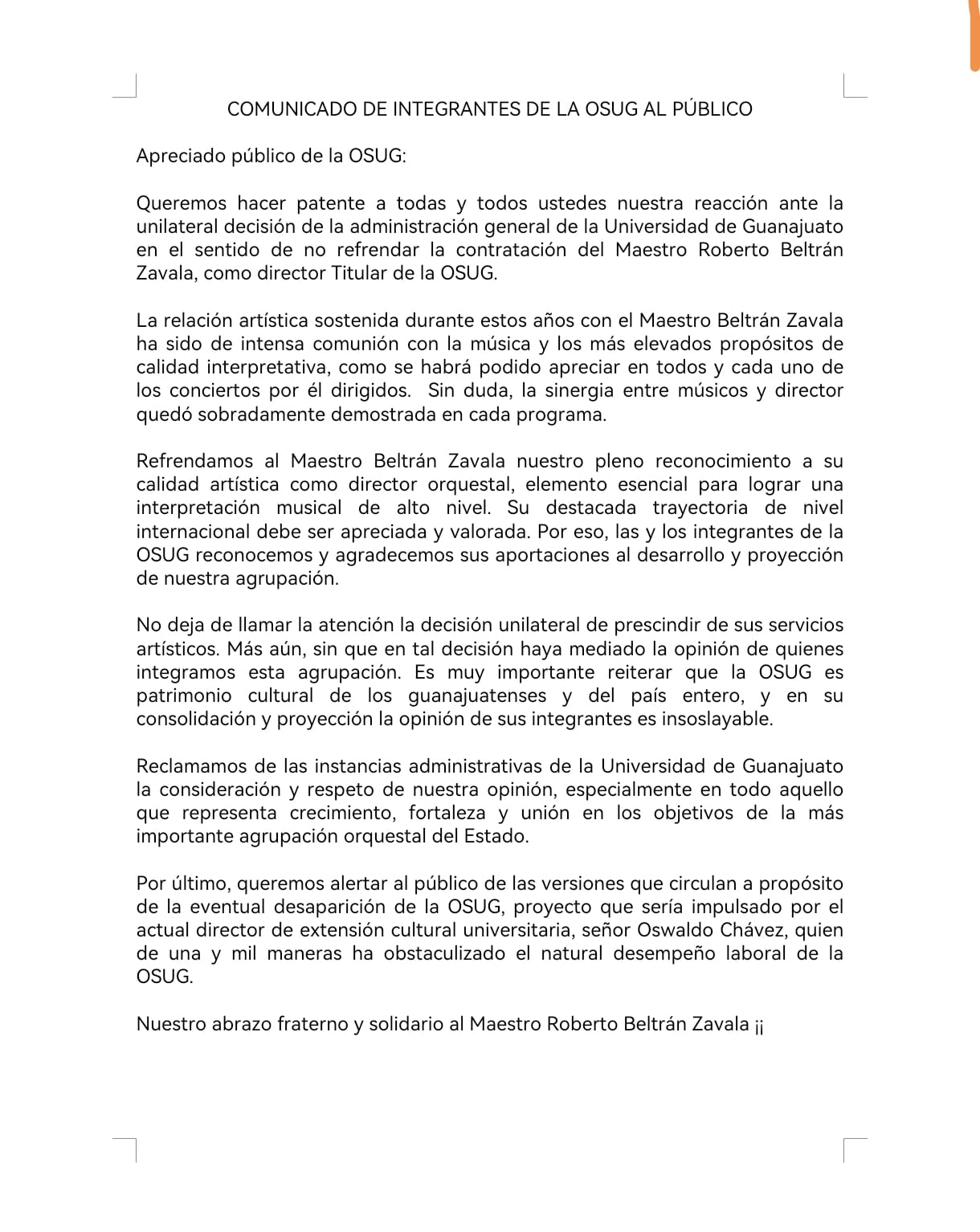Comunicado difundido por músicos de la OSUG