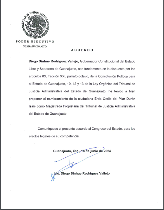 La propuesta de Elvia Oralia del Pilar Durán como magistrada del TJA lleva la firma de Diego Sinhue Rodríguez Vallejo