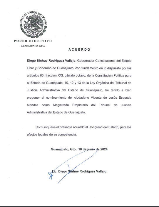 Propuesta de nombramiento de Vicente Esqueda. El panista ya había ocupado el cargo de magistrado entre 2010 y 2017