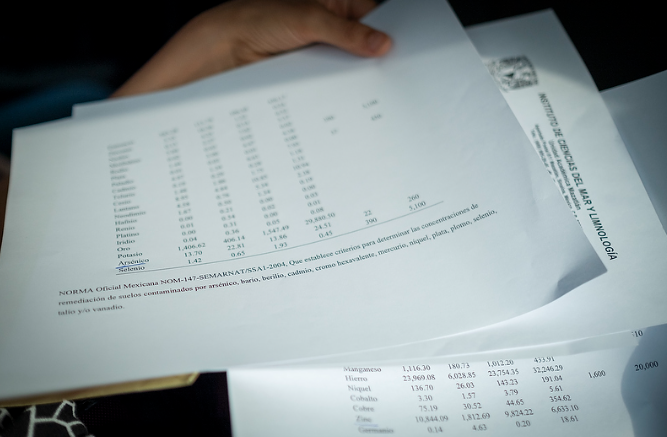  Hojas con resultados que el equipo de la Universidad Nacional Autónoma de México distribuyó entre vecinos. Foto: Bernardo De Niz/Quinto Elemento Lab
