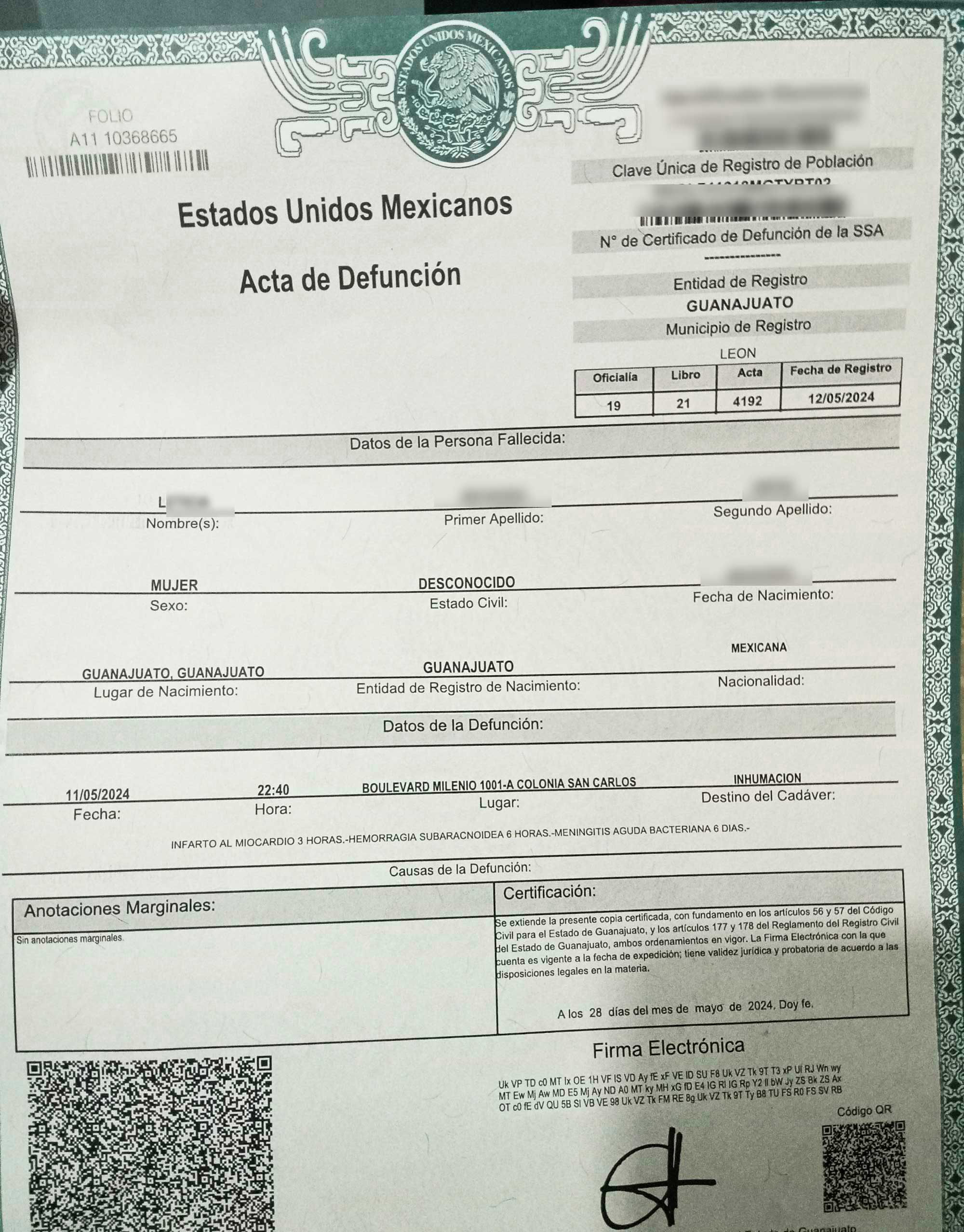 Foto: Especial acta de defunción L