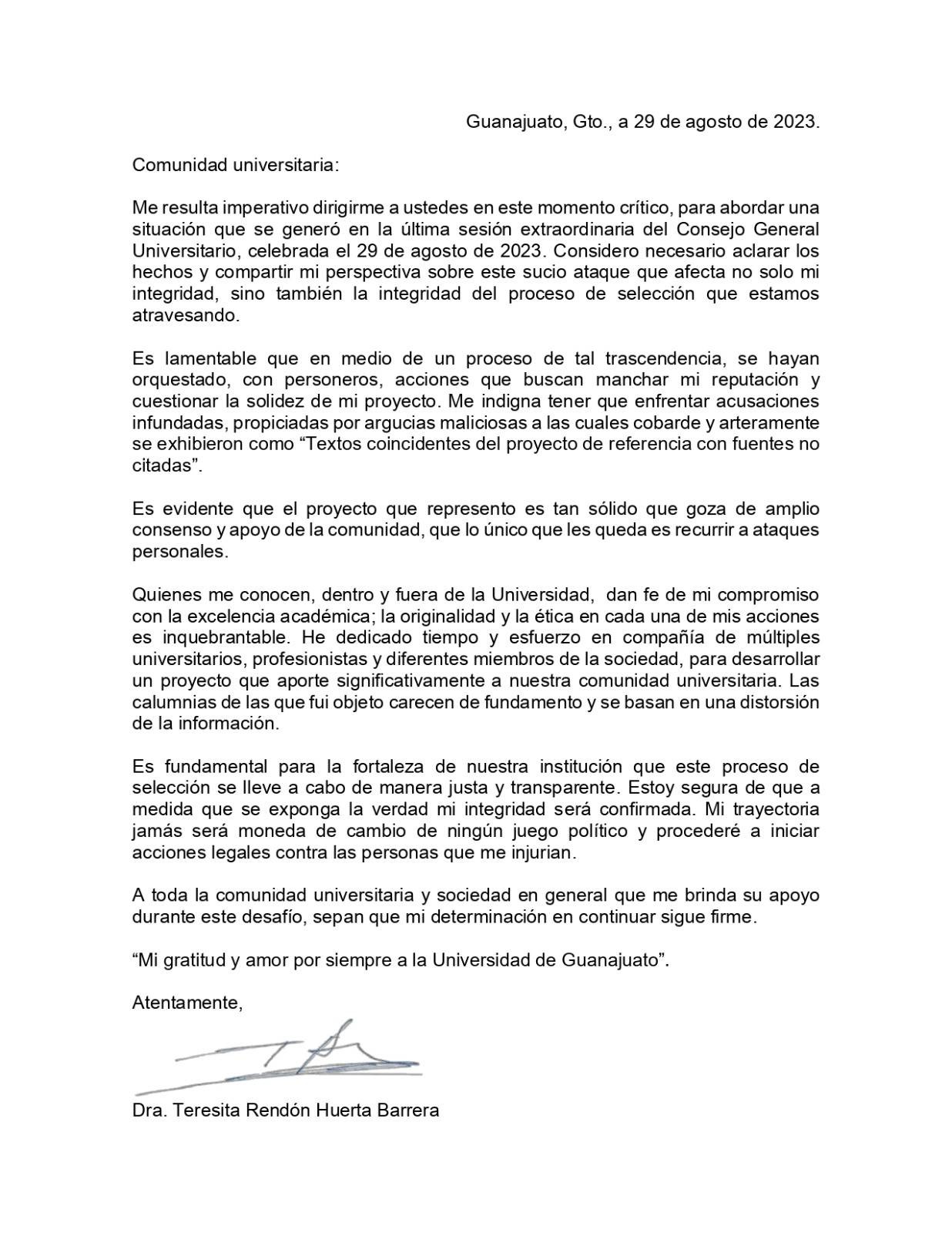 Comunicado difundido por Teresita Rendón