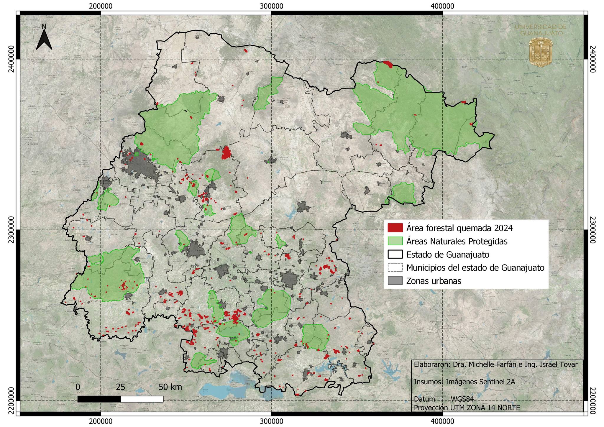Mapa de incendios forestales 2024 en el estado de Guanajuato realizado por Michelle Farfán