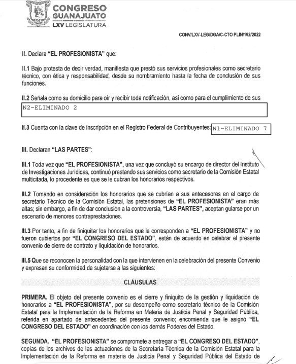Extracto del convenio por los "servicios prestados y no pagados" a Plinio Martínez