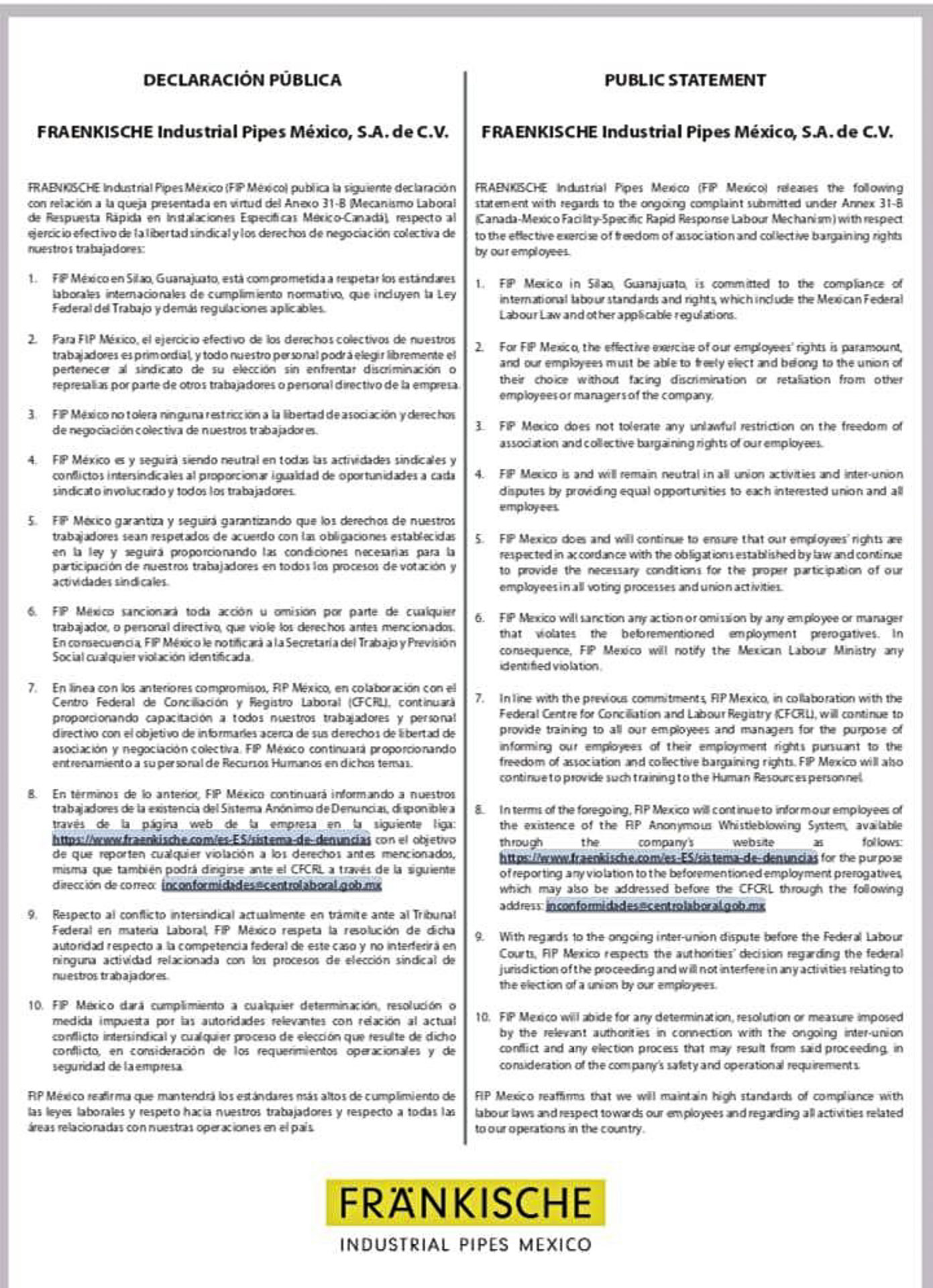 Foto: Especial Declaración pública de la empresa Fraenkische