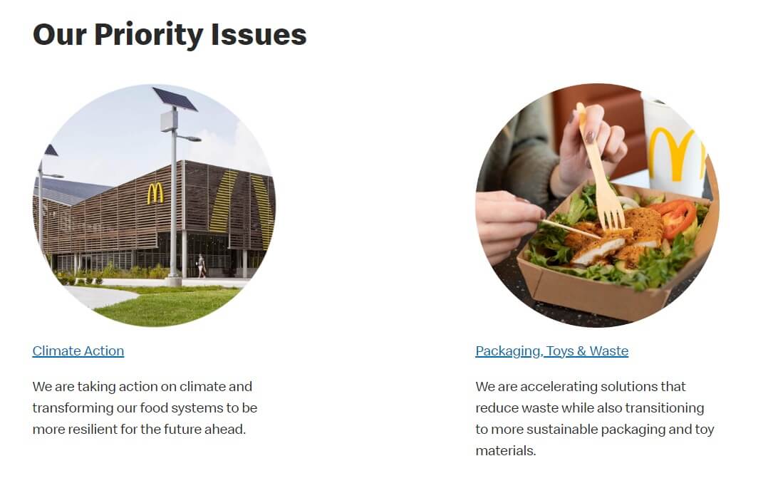 McDonald's asegura públicamente tener como asuntos prioritarios la acción climática, así como disminuir sus residuos