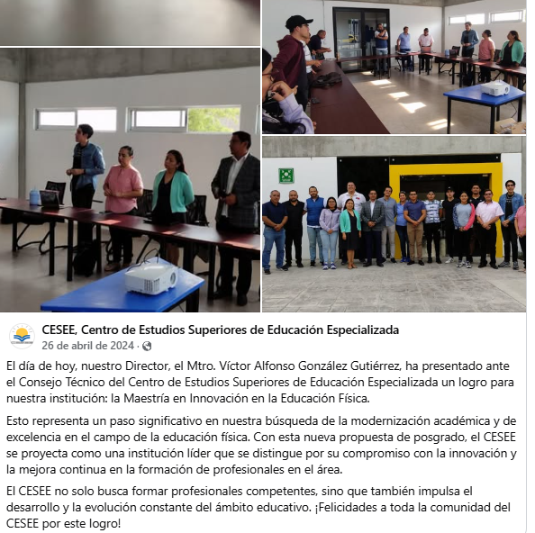 Publicación en la página de Facebook del CESEE anunciando la Maestría en Innovación en la Educación Física, con fecha del 26 de abril de 2024.