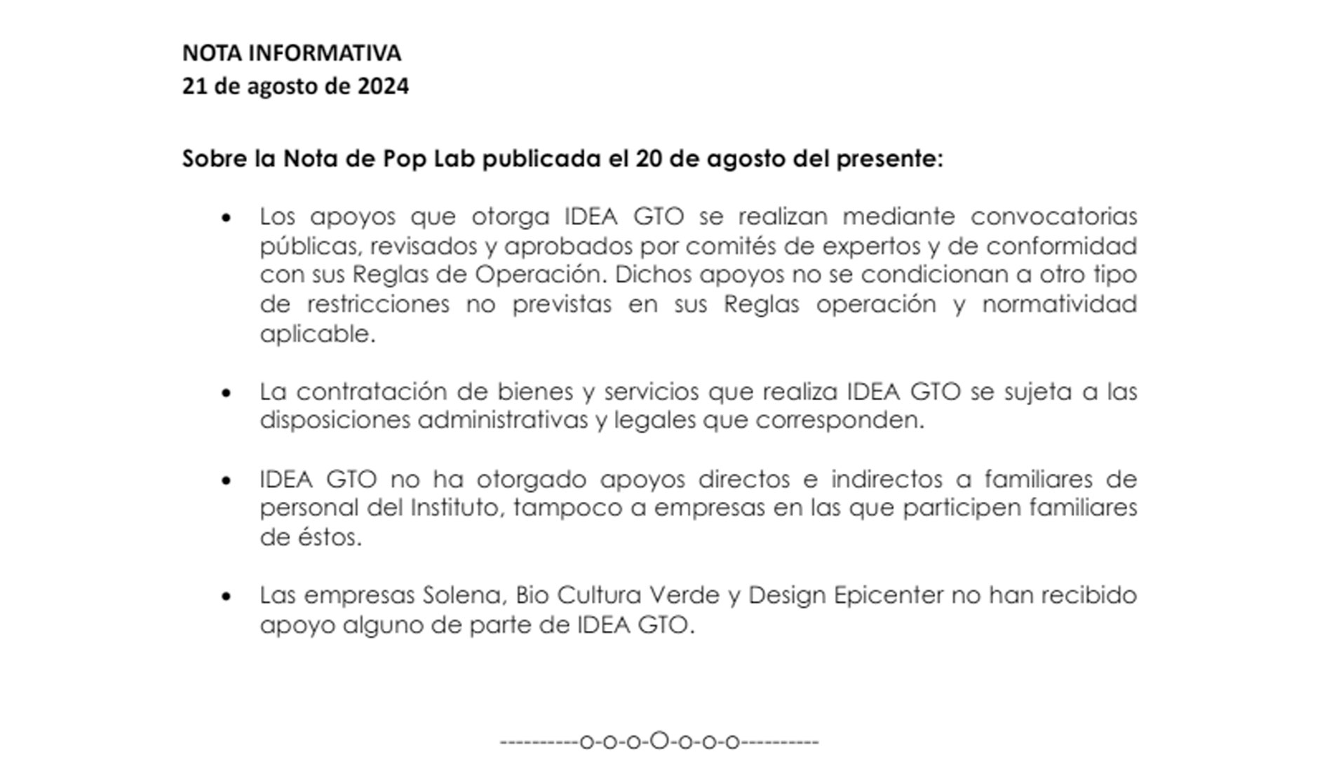 Posicionamiento oficial de Idea GTO sobre la investigación de PopLab en un documento escueto, sin firma ni diseño.