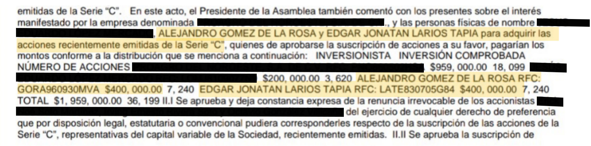 Inclusión como accionistas a Solena a Edgar Larios y Alejandro Gómez de la Rosa en la misma asamblea