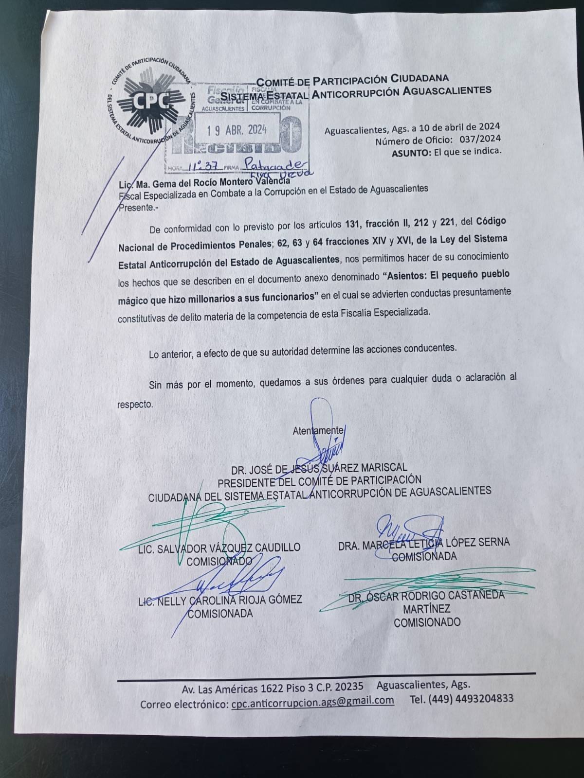 Denuncia presentada por integrantes del Comité de Participación Ciudadana del Sistema Estatal Anticorrupción