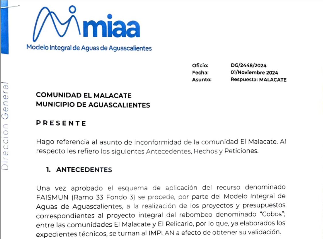Imagen del documento de información entregado por MIAA a la comunidad. La comunidad asegura que es insuficiente
