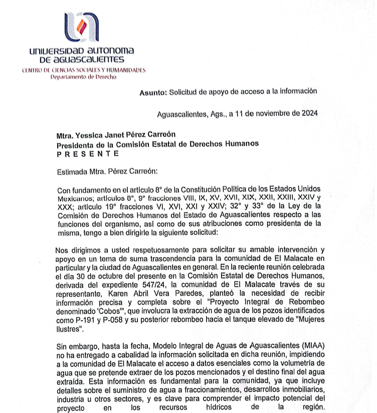 Fragmento de la carta enviada por la Clínica de Litigio en Derechos Humanos del Centro de Ciencias Sociales y Humanidades de la Universidad Autónoma de Aguascalientes (UAA)