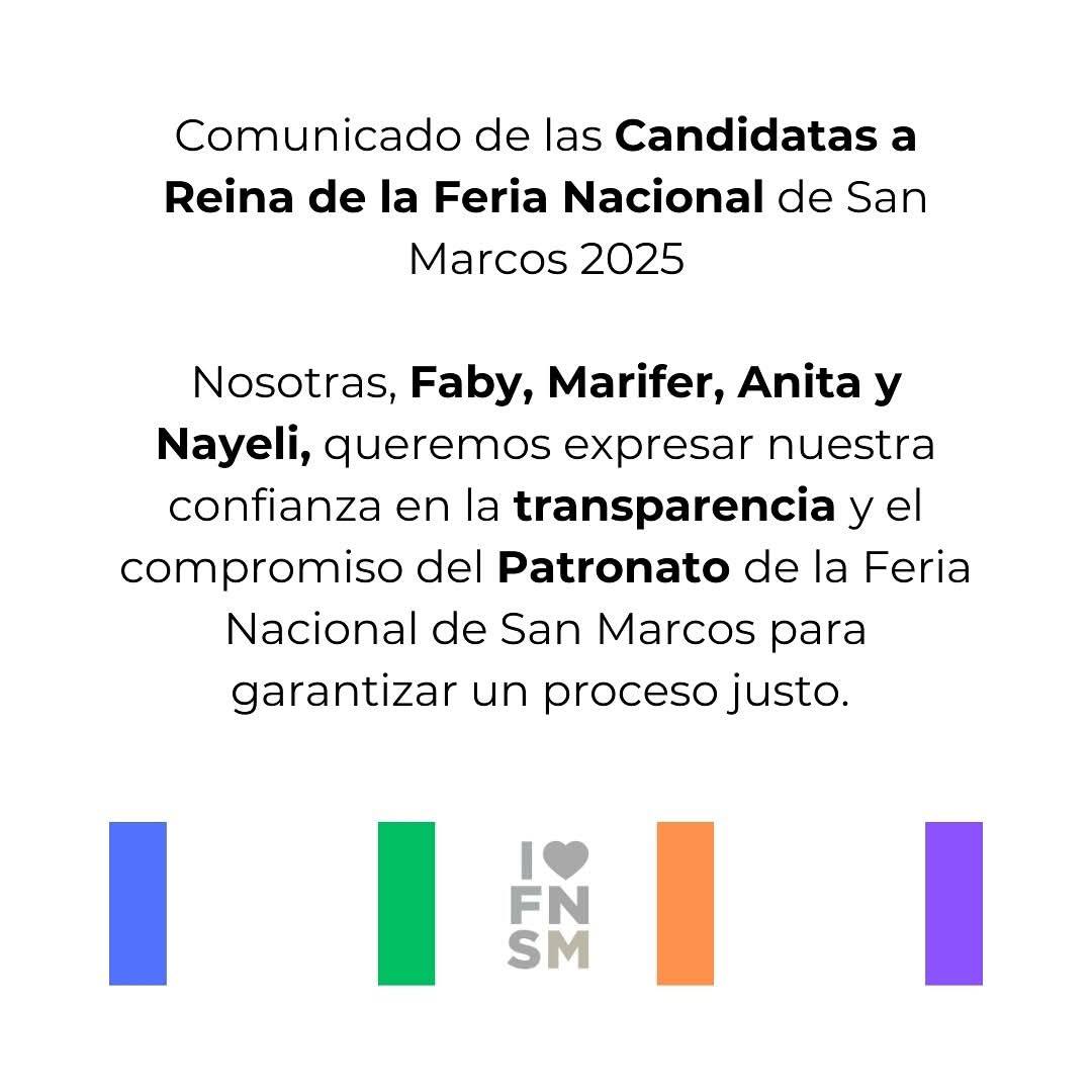 Comunicado de cuatro de las ex candidatas a reina de la FNSM. Fuente: RRSS
