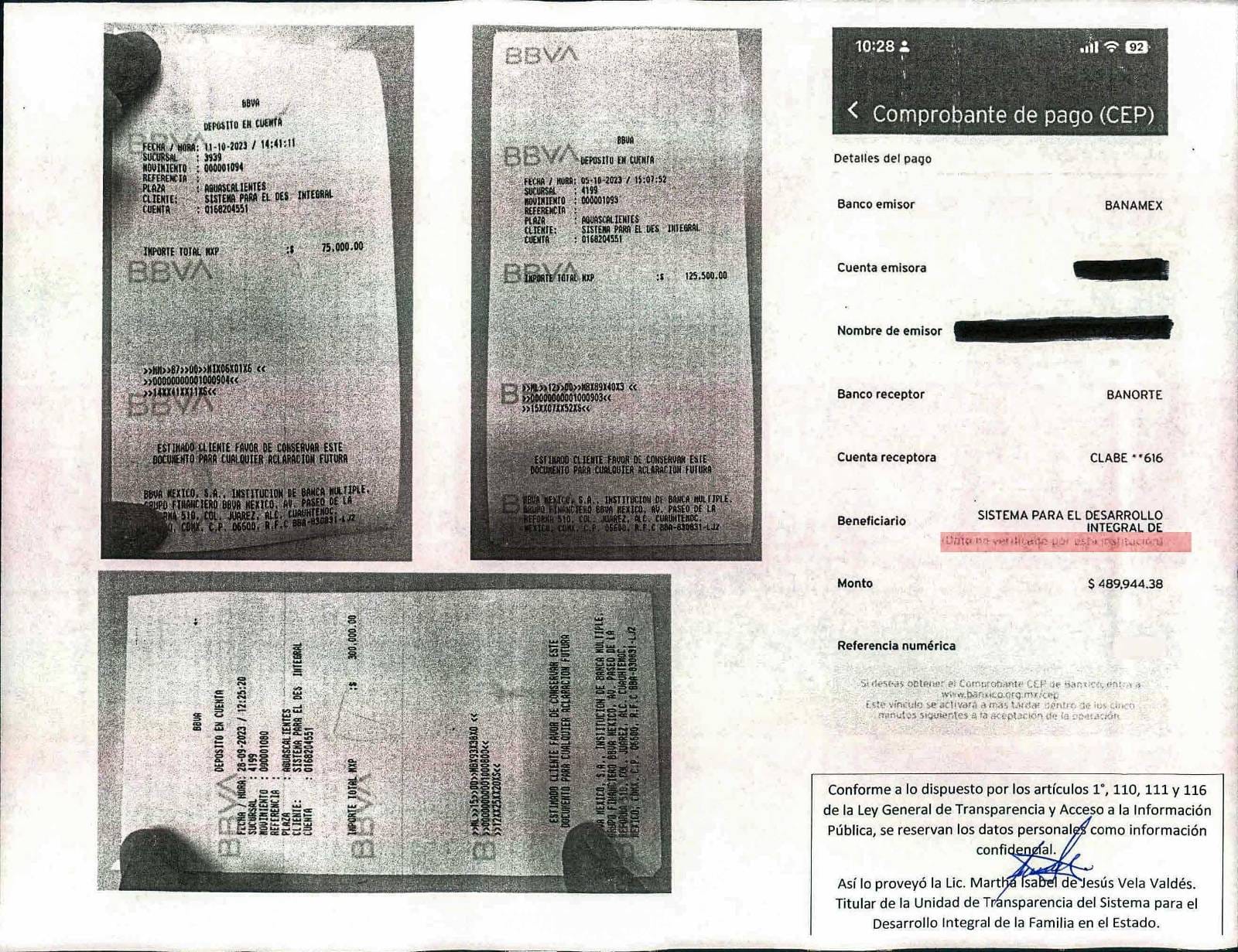 Comprobantes de pago entregados vía transparencia por el Sistema DIF.